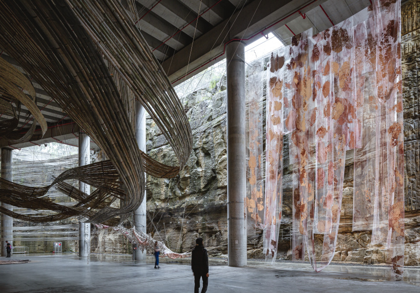 Installation view, 23rd Biennale of Sydney, rīvus, (2022), The Cutaway at Barangaroo.

