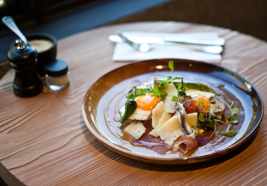 White anchovies and jam on serrano with fried eggs, pedron peppers, manchego on toast

