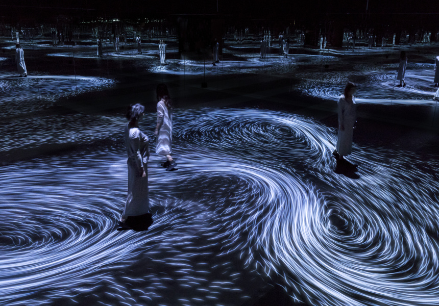 teamLab (design studio) Toshiyuki Inoko (designer). Moving Creates Vortices and Vortices Create Movement, 2017. Interactive digital projection, (duration variable). National Gallery of Victoria, Melbourne.
