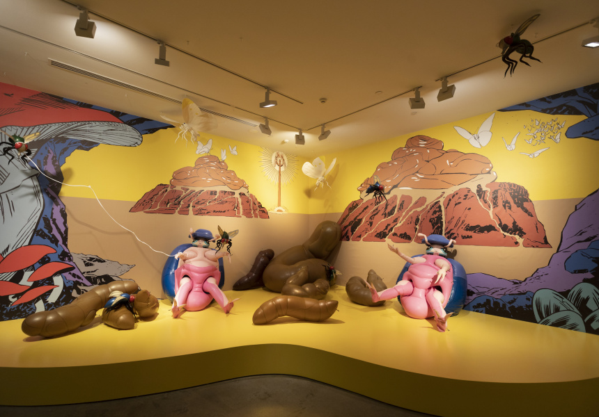 Saeborg, Pootopia, 2020–22, installation view, Ultra Unreal, Museum of Contemporary Art Australia, Sydney, 2022, latex, wallpaper, synthetic polymer paint, sound, image courtesy and © the artist
