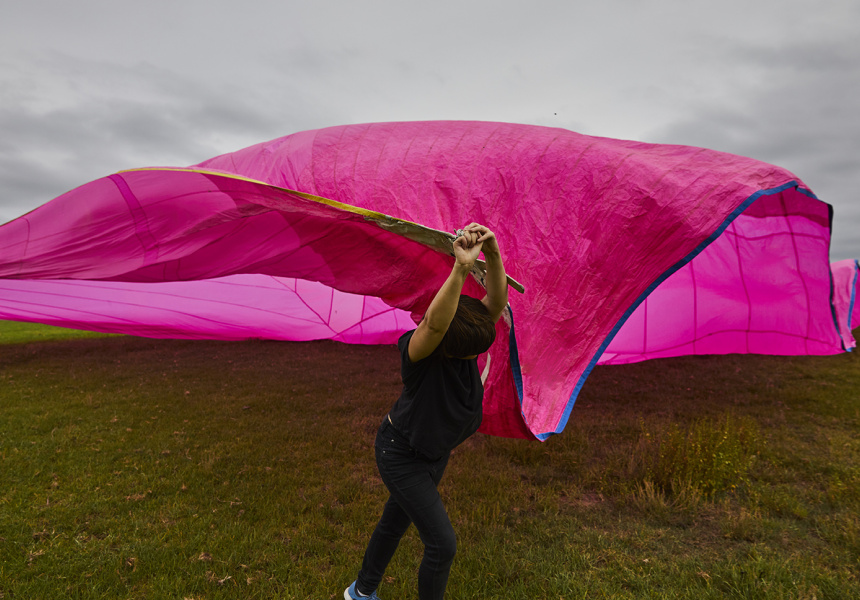 Kate Scardifield, Canis Major 2019. Wind instruments and form tests. Studies in semaphore and signalling, sailcloth and parachute silk wind instrument
