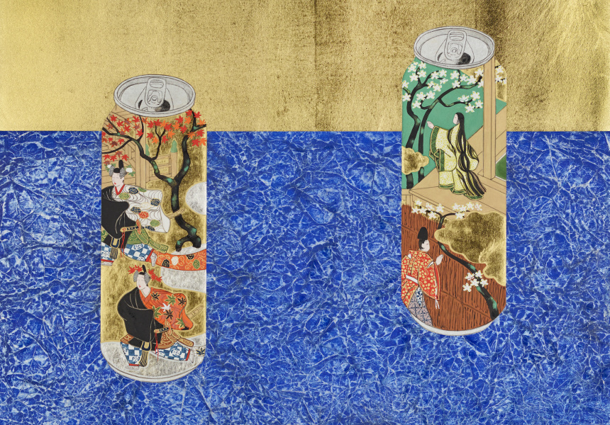 Yamamoto Tarō   

‘Cans decorated with scenes of chapters 'Young Murasaki' and 'Beneath the autumn leaves' from 'The Tale of Genji' on blue carpet’ 2011   

Japanese mineral pigment, gold and silver leaf on paper, 31.8 x 40.9 cm   

Art Gallery of New South Wales, gift by Volunteer Guides, Associate Guides and Community Ambassadors AGNSW 2012   

© Taro Yamamoto
