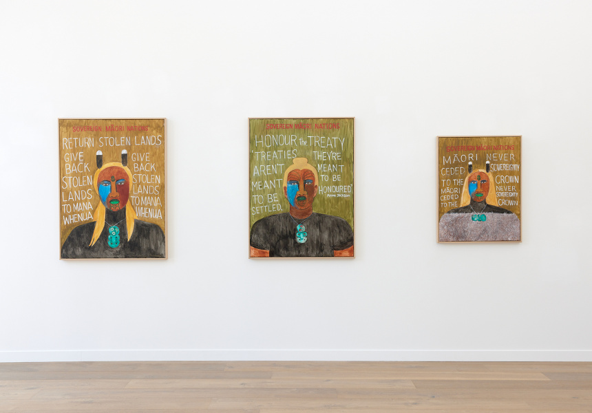 Sovereign Māori Nations series, Robyn Kahukiwa 2022. From left: Return Stolen Lands, Honour the Treaty, Māori Never Ceded Sovereignty to the Crown
