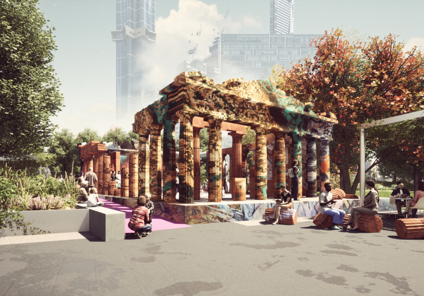 Render of 2022 NGV Architecture Commission Temple of Boom 2022 by Adam Newman and Kelvin Tsang
