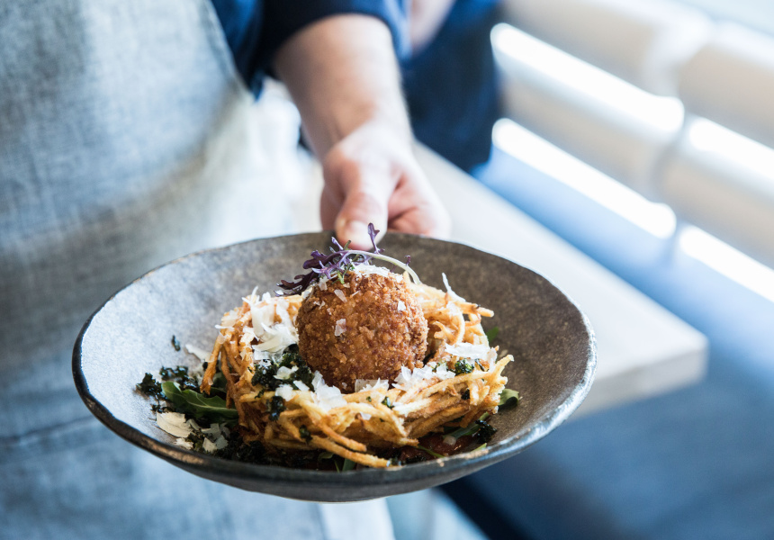 Bird Nest – woven French fry basket, Scotch eggs, chilli beans, kransky
