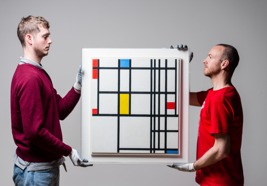 Installing "Composition in Red, Blue, and Yellow, 1937-42" by Piet Mondrian

