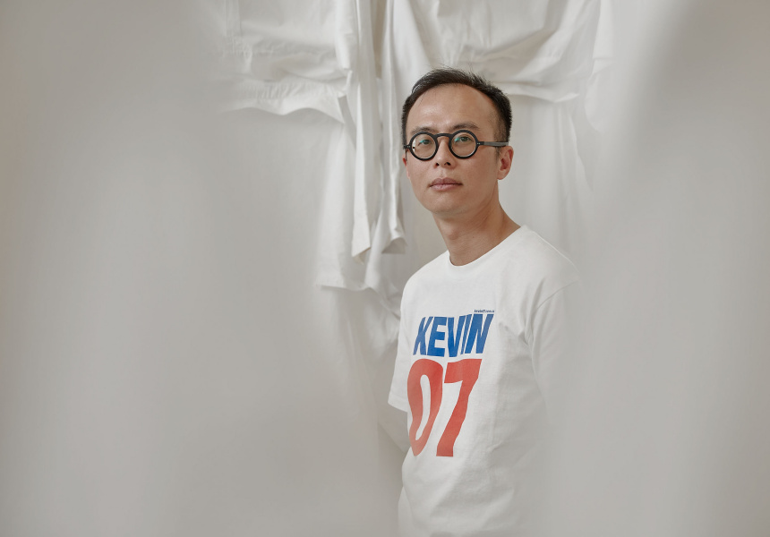 James Nguyen with new commission White Shirt Installation 2023, part of James Nguyen: Open Glossary, Australian Centre for Contemporary Art, Melbourne.
