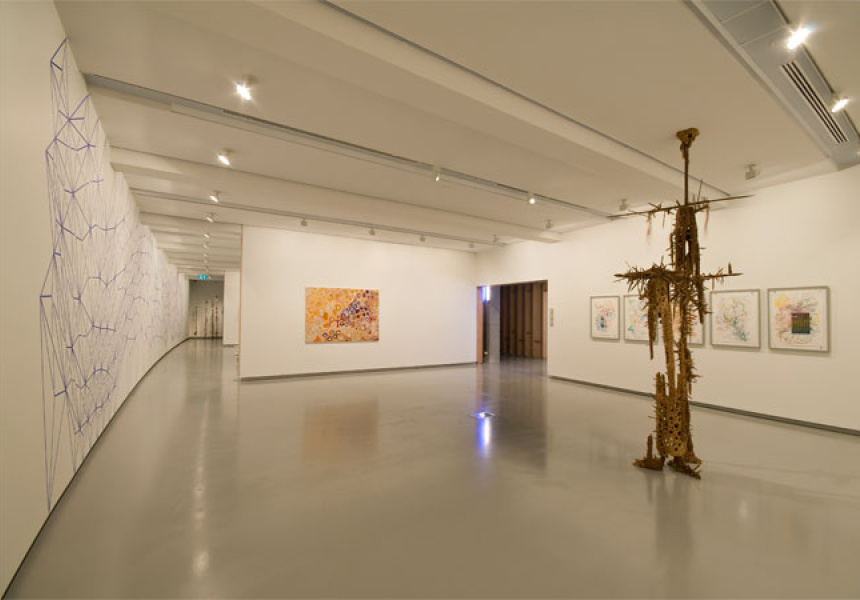 Image: install north. Installation view, artists left to right: Kerrie Poliness, Tjaduwa Woods, Masato Takasaka, Nick Mangan
