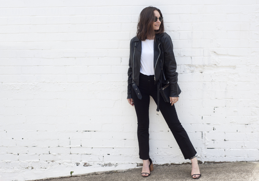 Beck Wadworth wearing Nobody Denim Siren Skinny PowerBlk jeans.
