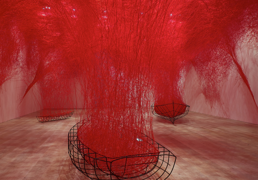 Chiharu Shiota / Japan b.1972 / Installation view of Uncertain Journey 2016/2019, in ‘The Soul Trembles’, Mori Art Museum, Tokyo, 2019 / Metal frame, red wool / Dimensions variable / Courtesy: Blain | Southern, London/Berlin/New York / Photograph: Sunhi Mang / Image courtesy: Mori Art Museum, Tokyo
