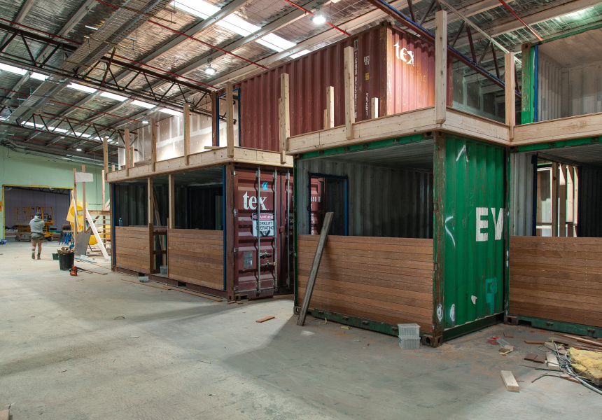 Decking being constructed atop shipping containers at Moon Dog World
