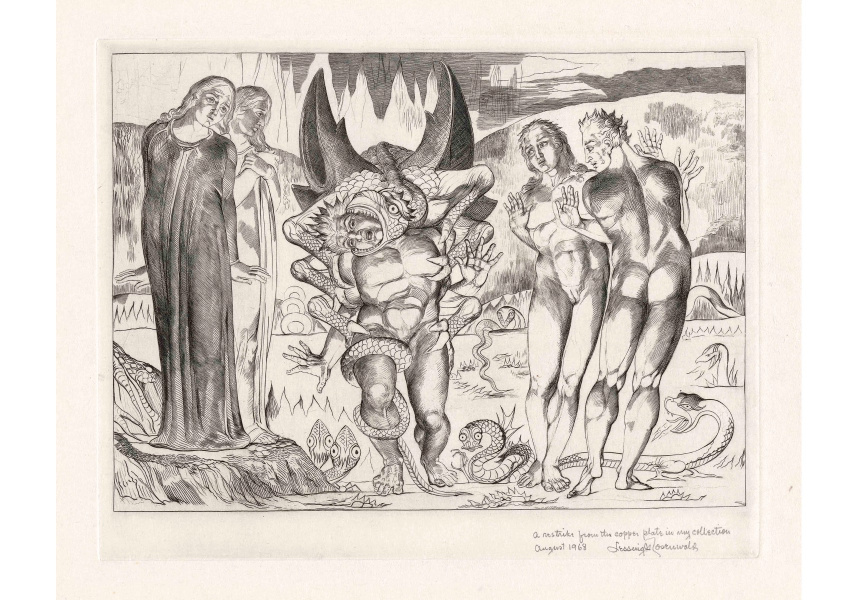 William Blake, The Circle of the Thieves. Agnello dei Brunelleschi Attacked by a Six-Footed Serpent, print taken in 1968 from a plate engraved 1824–27, ed. 21/25, 4th of 4 states, National Gallery of Victoria, Melbourne, Gift of Lessing J. Rosenwald, 1968, 1835.4-5. Reproduced by kind permission of the National Gallery of Victoria
