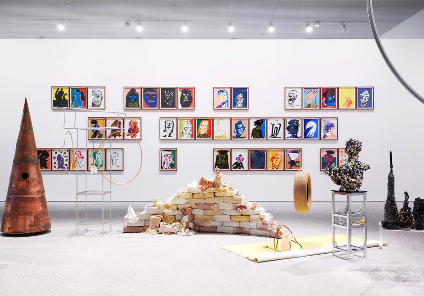 Installation view of the Making Worlds exhibition in the new building at the Art Gallery of New South Wales, featuring Mikala Dwyer The divisions and subtractions 2017 (foreground) and Tom Polo The most elaborate disguise 2016, 2019
