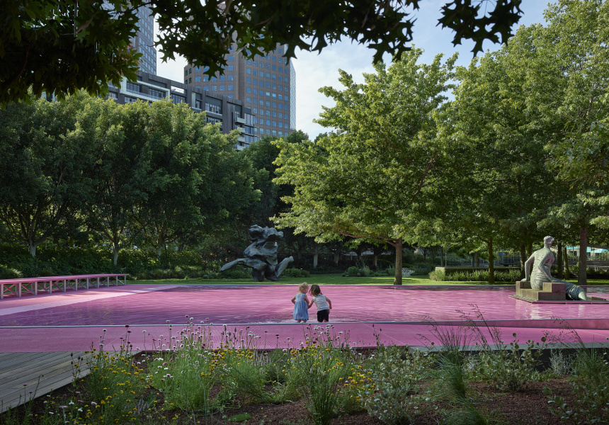 Installation view of NGV Architecture Commission 2021 pond[er] by Taylor Knights and James Carey at NGV International, Melbourne from 6 December 2021 – 28 August 2022.
