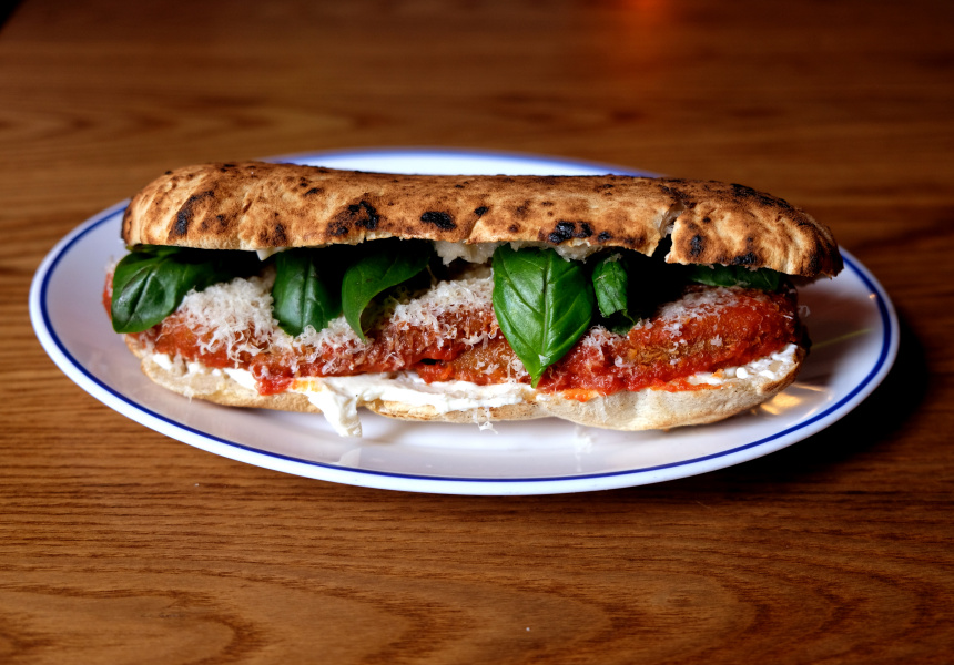 Eggplant panuozzo with sugo, ricotta and basil
