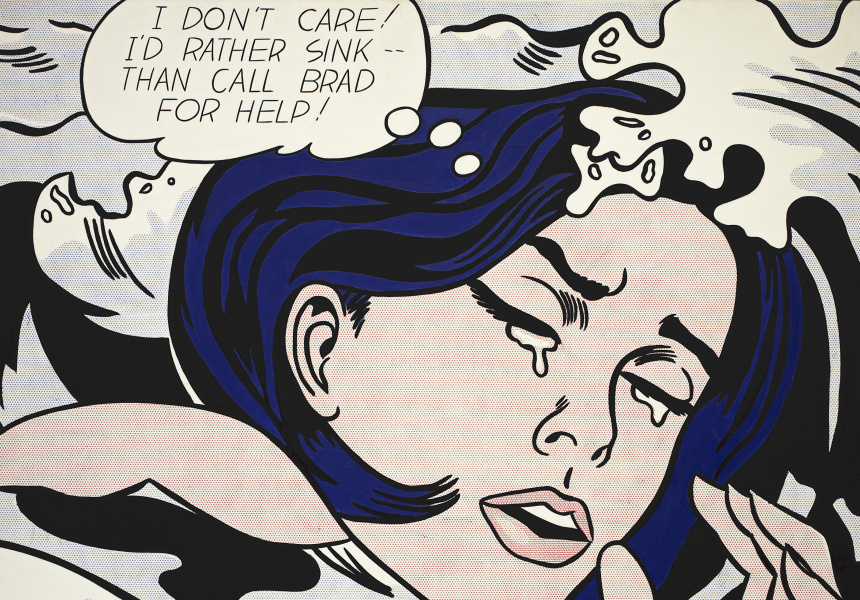 Roy Lichtenstein (American, 1923–1997). Drowning Girl,  1963. Oil and synthetic polymer paint on canvas 67 5/8 x  66 3/4" (171.6 x 169.5 cm). The Museum of Modern Art,  New York. Philip Johnson Fund (by  exchange) and gift of  Mr. and Mrs. Bagley Wright. © Estate of Roy Lichtenstein/Licensed by Viscopy, 2016
