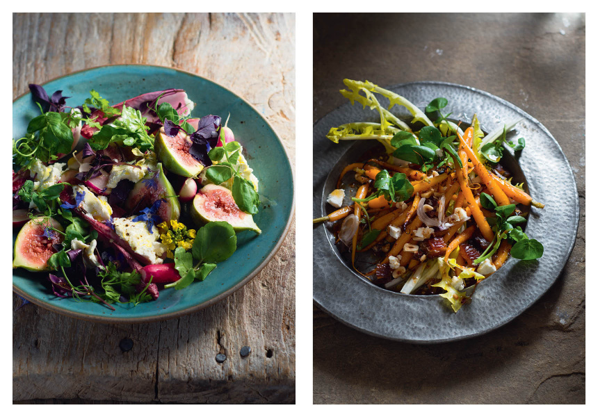 Left: Persian Soft Salad
Right: Honey Roasted Carrots, Dates, and Dandelions
