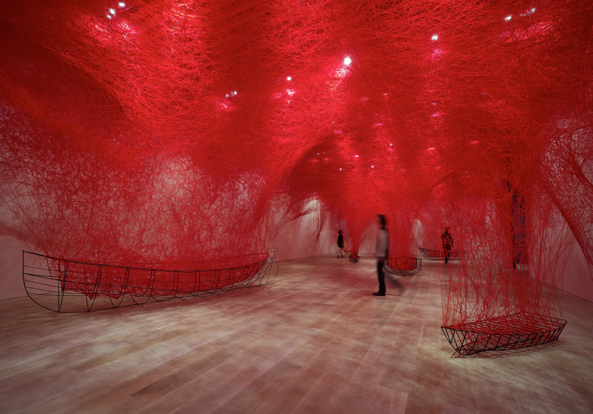 Chiharu Shiota / Japan b.1972 / Installation view of Uncertain Journey 2016/2019, in ‘The Soul Trembles’, Mori Art Museum, Tokyo, 2019 / Metal frame, red wool / Dimensions variable / Courtesy: Blain | Southern, London/Berlin/New York / Photograph: Sunhi Mang / Image courtesy: Mori Art Museum, Tokyo
