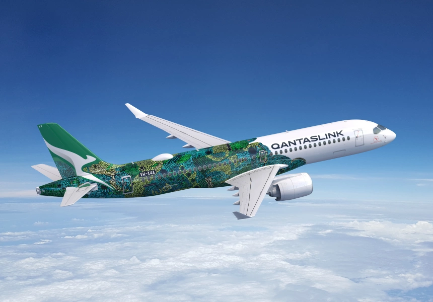 The Boeing Airbus A220 with artwork by Pitjantjatjara artist Maringka Baker
