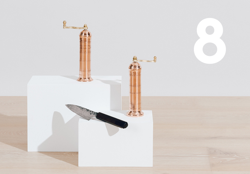 Handmade knife and pair of salt and pepper mills
