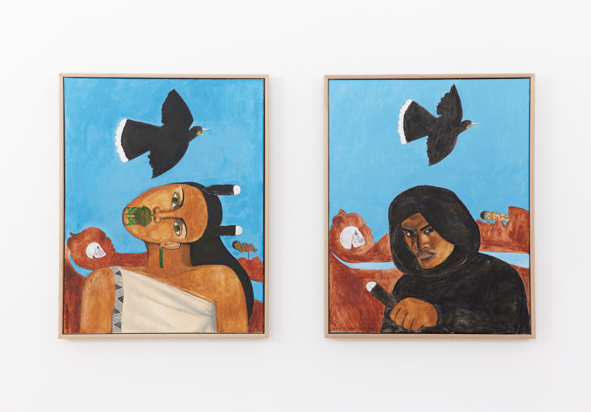 Pepeha series, Robyn Kahukiwa 2022. Left: Huia. Right: Rangatahi 
