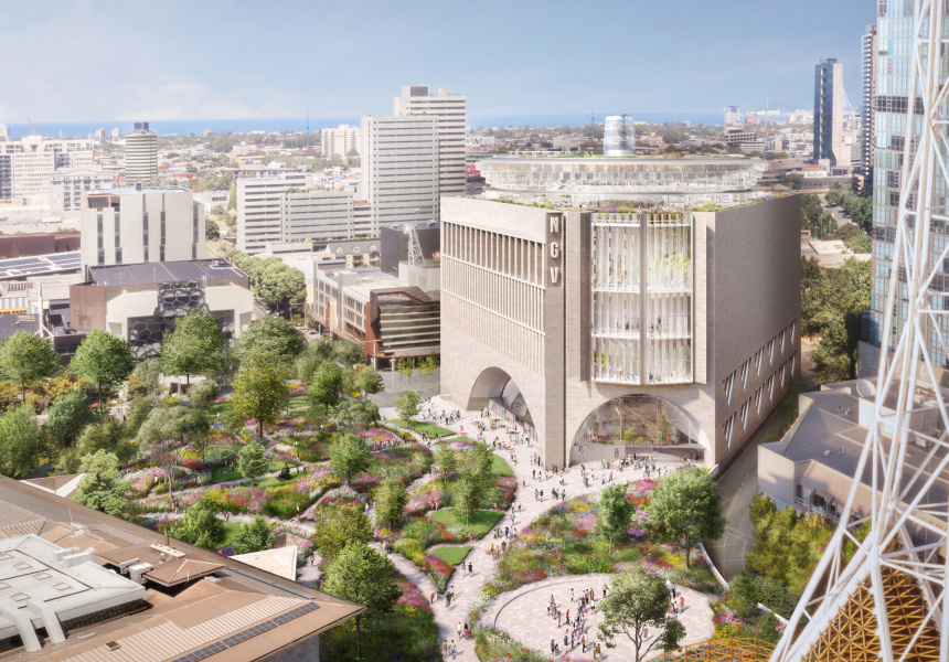 Daytime render of winning concept design for NGV Contemporary by Angelo Candalepas and Associates, and public green space, facing south. Render by Darcstudio.
