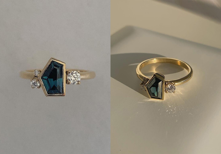 发现宝藏18克拉黄金戒指与深蓝色的澳大利亚蓝宝石和钻石