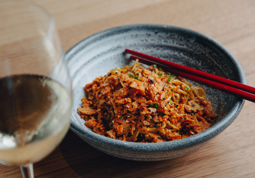 Egg noodles, XO sauce, chicken crackling, pepperberry
