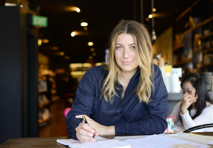 Bianca Isgro working on her shortlisted design from her preferred workspace in Berkelouw Books in Paddington, Sydney.
