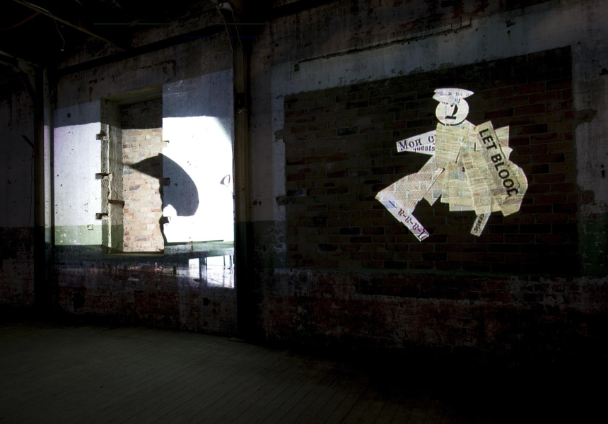 William Kentridge
I am not me, the horse is not mine, 2008 Eight-channel video projection, colour and sound, 6 mins
Installation view (2008) at Cockatoo Island for the 16th Biennale of Sydney
© William Kentridge. Courtesy the artist; Marian Goodman Gallery, New York and Paris; Goodman Gallery, Johannesburg; and Annandale Galleries, Sydney
Photo: AGNSW, Jenni Carter
