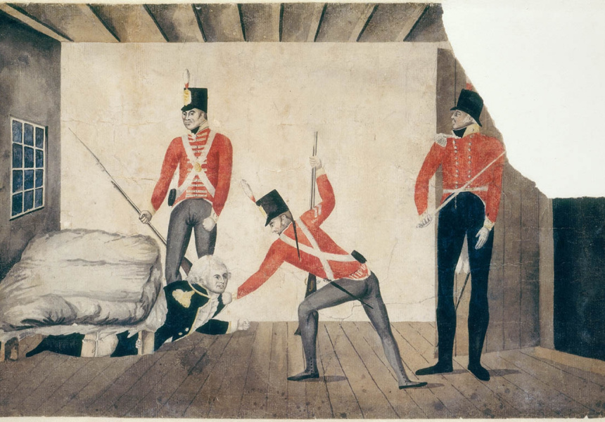 Australia's earliest surviving political cartoon – a watercolour caricature depicting the arrest of William Bligh. The artist is still unknown. 
