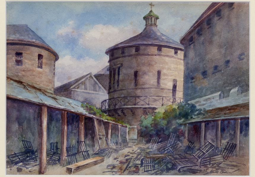 Edith Bell Brown (1864-1946)
Looking towards the Church in Darlinghurst Gaol   April 1922
watercolour on paper
17 x 24.5 cm
National Art School Collection
