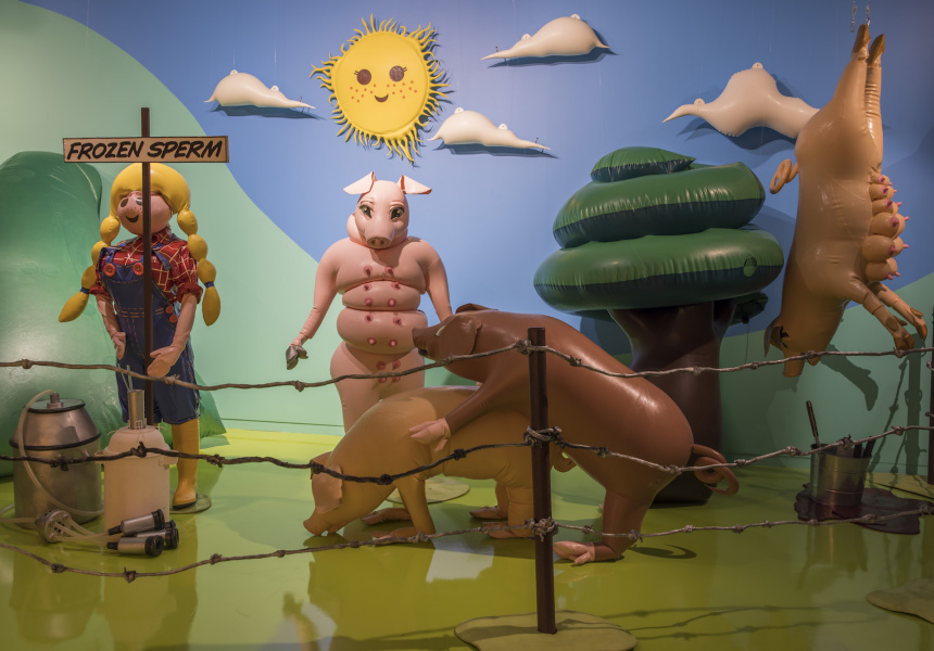 Saeborg, Slaughterhouse (detail), 2021–22, installation view, Ultra Unreal, Museum of Contemporary Art Australia, Sydney, 2022, latex, vinyl, synthetic polymer paint, sound, image, image courtesy and © the artist
