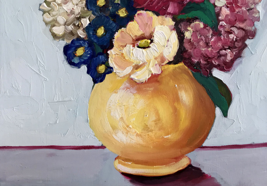 Ali Wood, Yellow Jug and Mixed Bloom, oil on board, white box frame, 51x41
