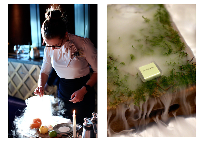 Left: Mad Hatters Tea Party's Mocktail Soup  Right: Jelly of Quail with Marron Cream and Oak Moss 
