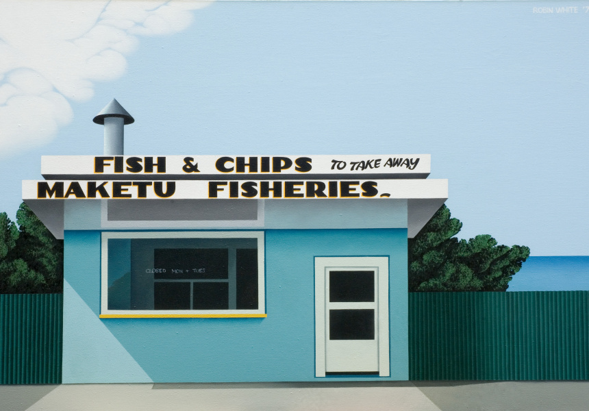 Robin White, Fish and chips, Maketu, 1975, oil on canvas. Collection of Auckland Art Gallery Toi o Tāmaki.
