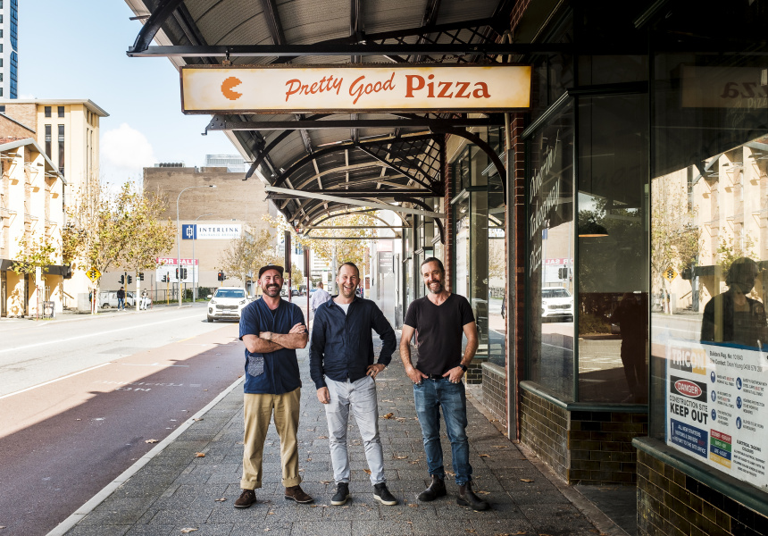Jye Glaskin, Miles Hull and Matt Shiel of Pretty Good Pizza and Ruinbar
