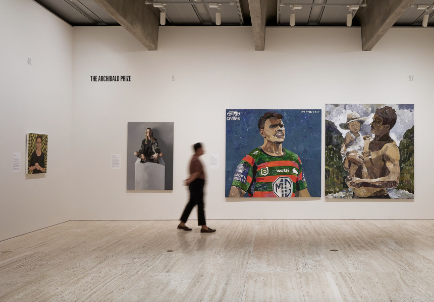 Visitors in the 'Archibald, Wynne and Sulman Prizes 2023' exhibition at the Art Gallery of New South Wales, featuring Archibald Prize 2023 finalists (left to right) Clare Thackaway, Alanah Ellen Brand, Zoe Young and Jason Phu, photo © Art Gallery of New South Wales, Jenni Carter
