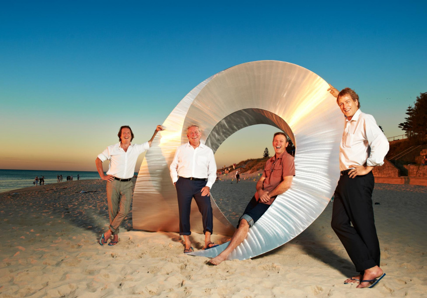 L to R: David Handley, Founding Director, Sculpture by the Sea; The Honorable Colin Barnett, Premier of WA; Harry Pannekoek, SxS Cottesloe 2012 artist; Alan Cransberg, Managing Director, Alcoa.
