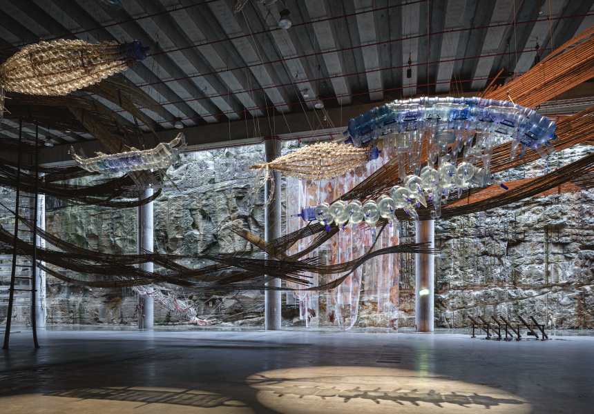 Installation view, 23rd Biennale of Sydney, rīvus, (2022), The Cutaway at Barangaroo.
