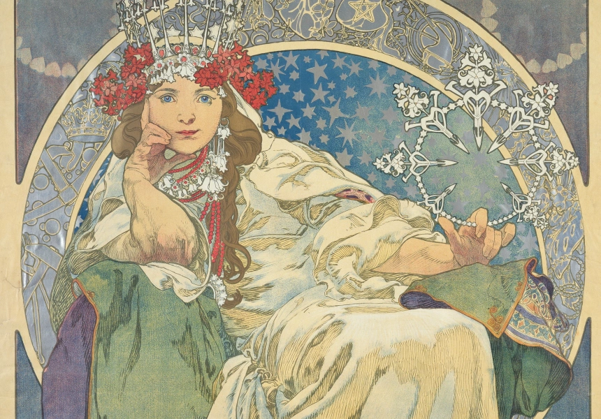 Alphonse Mucha 'Princess Hyacinth' 1911, colour lithograph 125.5 x 83.5 cm © Mucha Trust 2024
