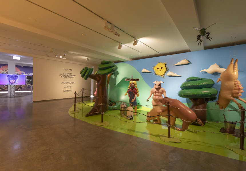 Saeborg, Slaughterhouse, 2021–22, installation view, Ultra Unreal, Museum of Contemporary Art Australia, Sydney, 2022, latex, vinyl, synthetic polymer paint, sound, image, image courtesy and © the artist
