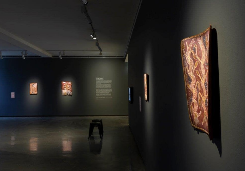 Installation view, David Malangi Daymirringu: Artist Room, MCA Collection, Museum of Contemporary Art Australia, 2021 image courtesy and © the estate of the artist, licensed by Aboriginal Artists Agency Ltd
