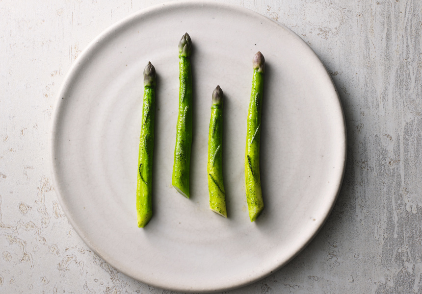 Asparagus, olive plant and sea butter 
