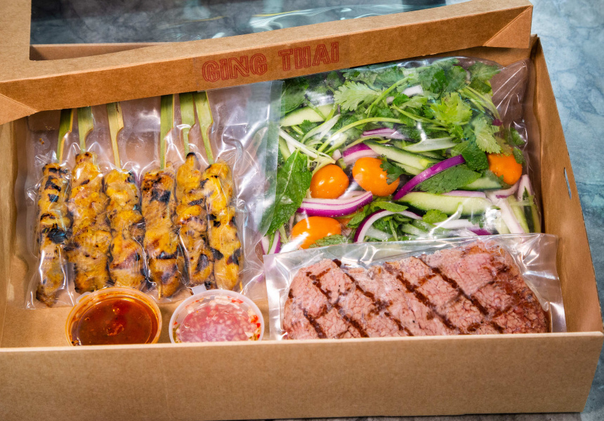 Crying Tiger Beef Salad kit and charcoal-grilled satay chicken skewers
