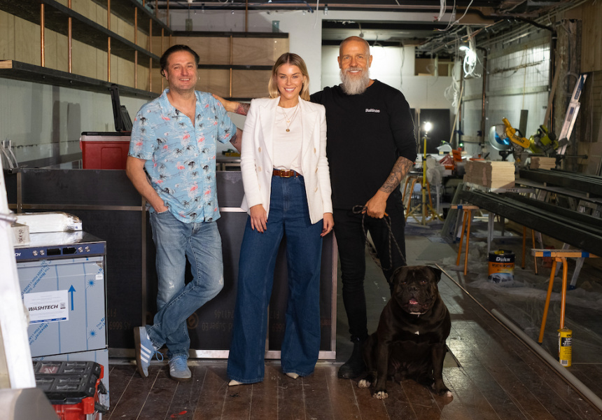 IMAGE: (from left) Gary Beadle, Rebecca Frost, Barry Baltinas and their dog Manny.
