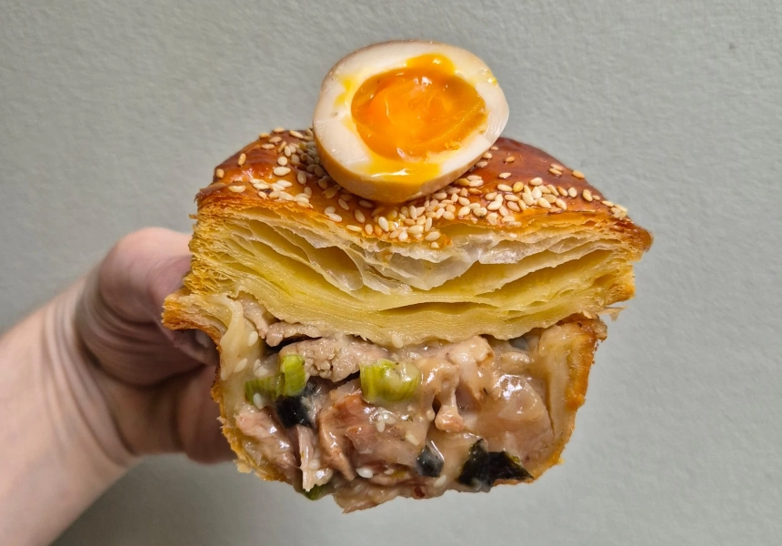 Chashu pork belly and ramen egg pie
