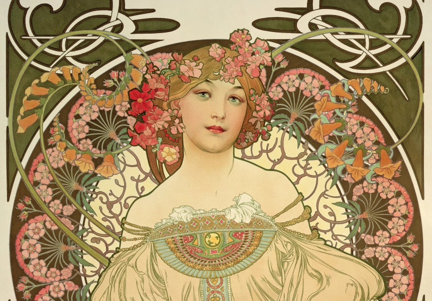 Alphonse Mucha 'Reverie' 1898, colour lithograph, 72.7 x 55.2 cm © Mucha Trust 2024
