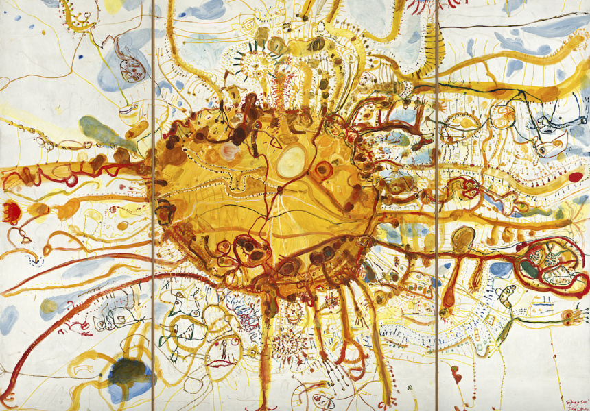 John Olsen 
born Australia 1928, lived in Europe 1956–60, 1965–67 Sydney sun (or King Sun) 1965
oil on composition board
(a-c) 164.0 x 360.0 cm (overall)
National Gallery of Australia, Canberra
Purchased with funds from the Nerissa Johnson Bequest 2000
© John Olsen, administered by Viscopy, Sydney
