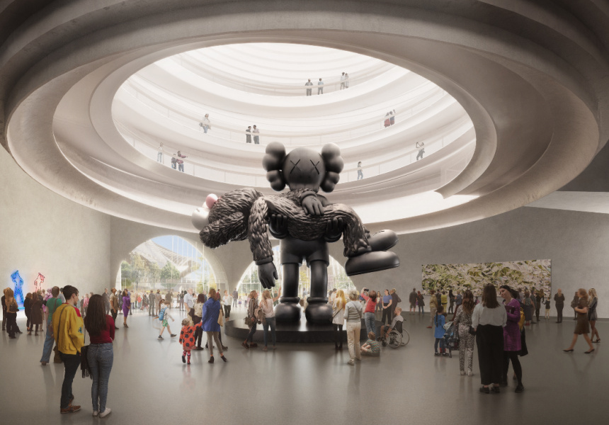 Daytime render of winning concept design for NGV Contemporary by Angelo Candalepas and Associates, arrival gallery and central spherical hall. Render by Secchi Smith.

Artwork:
Centre:
KAWS (American born 1974)
Gone 2019
Commissioned by the National Gallery of Victoria, 2020
Left:
Reko Rennie (Kamilaroi born 1974)
i) OA WARRIOR I (blue) 2020
ii) OA WARRIOR II (pink) 2020 Purchased, Victorian Foundation for Living Australian Artists, 2020
Right:
Pae White (American born 1963),
Spearmint to peppermint 2013
Purchased NGV Foundation with the assistance of the Donald Russell Elford and Dorothy Grace Elford Bequest, 2017
